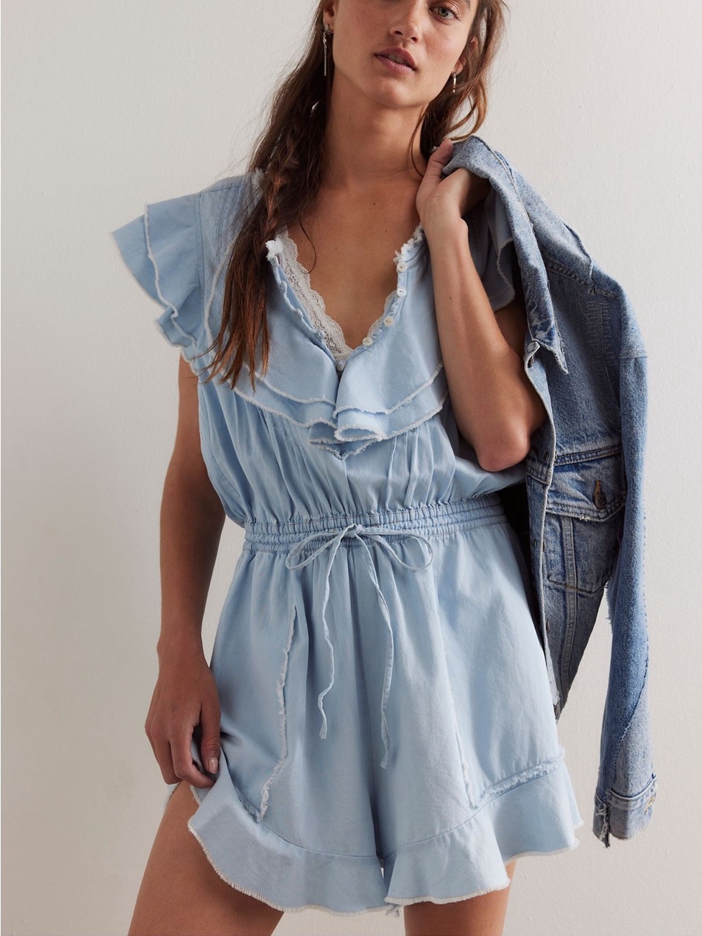 Free People Chambray Ruffle Romper NWT XS Boho Flutter Sleeve Tie Waist